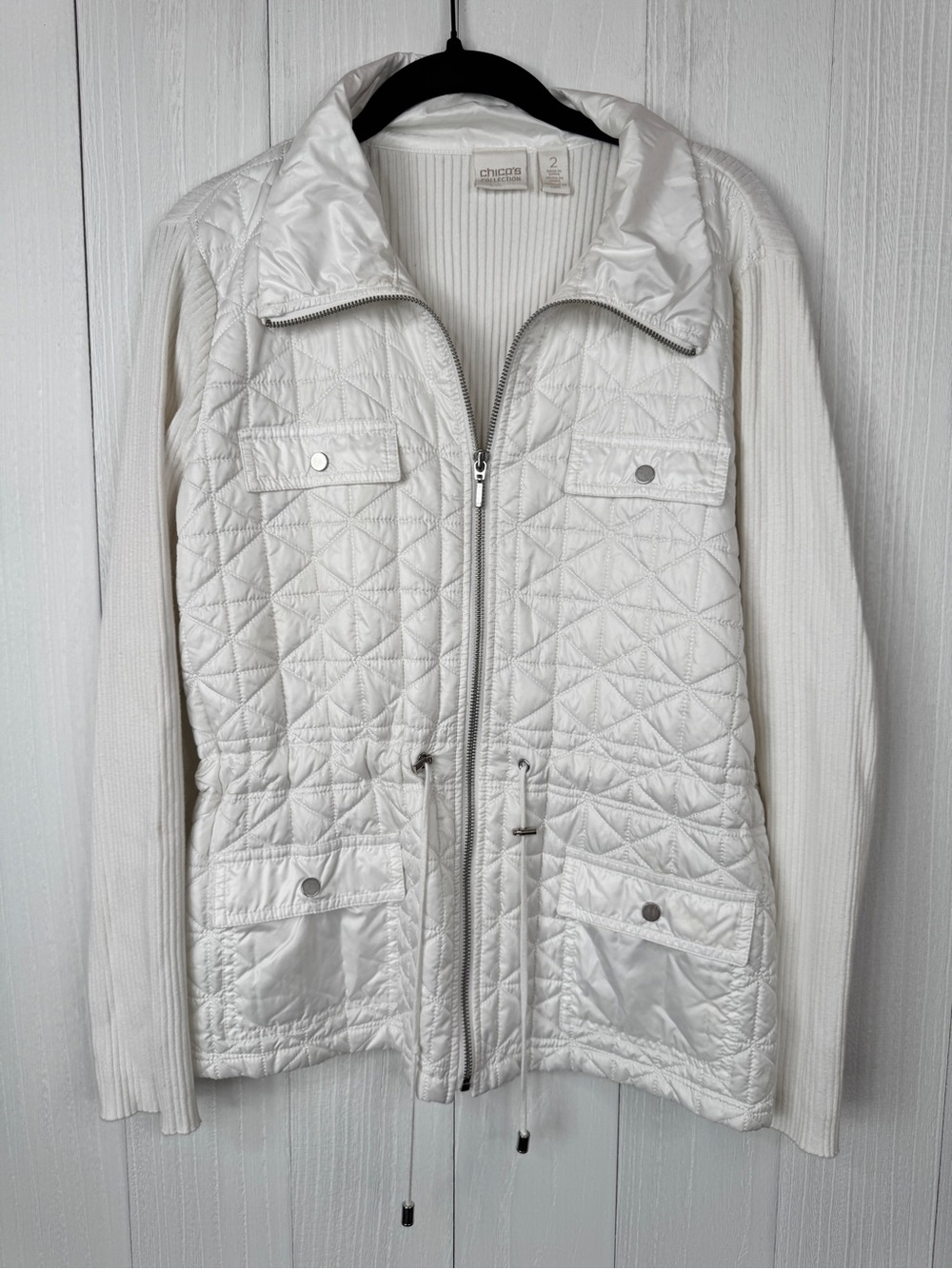 Chico's White Quilted Full Zip Jacket Womens Size 2 M/L Knit Sleeve Utility